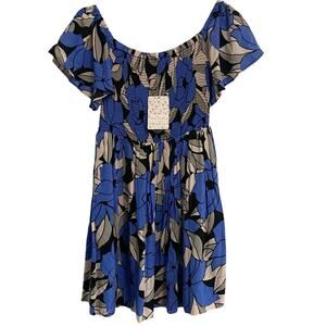 Free People Blue Louise Floral Off Shoulder Dress XS NEW Dainty Smocked Coastal